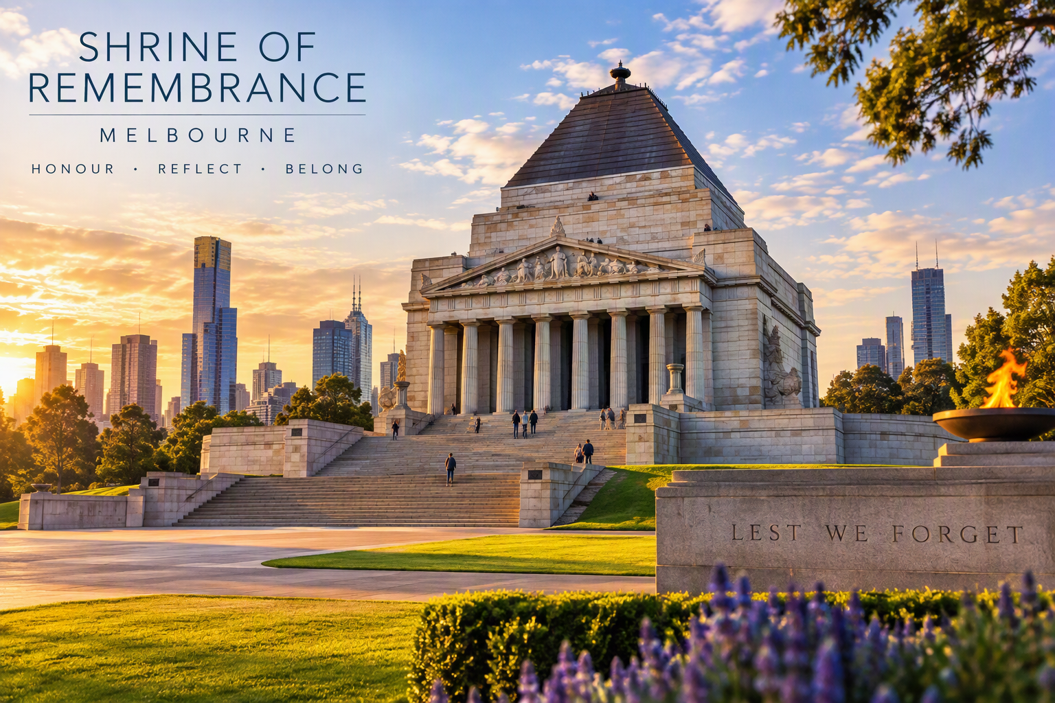 The Shrine of Remembrance against the Melbourne skyline at sunset